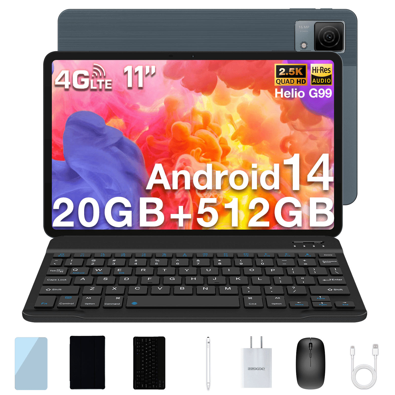 DOOGEE T40 VIP Android Tablet with Keyboard, 20GB+512GB/2TB Expand, 11 inch Tablet Helio G99 Octa-core, Android 14 IPS 1600x2560 Display, 4G LTE Cellular