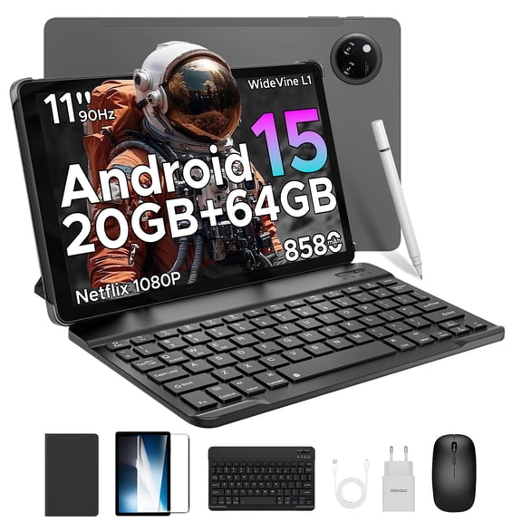 DOOGEE 11 inch Android 15 Tablet with Keyboard, 8580mAh, 20GB+64GB/2TB TF, 13MP+5MP, Dual Speakers, Face ID, 5G WiFi, FM, Widevine L1, Gray