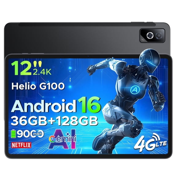 DOOGEE Tab G6 Pro Tablet 12 Inch, Android 16 Tablets, 90Hz 2.4K 36GB RAM+128GB ROM/TF 2TB, Helio G100 Octa-Core Gaming Tablet, 4G LTE/5G WiFi/9000mAh/Gemini AI/13MP+8MP/OTG/FACE ID/Dual Speakers