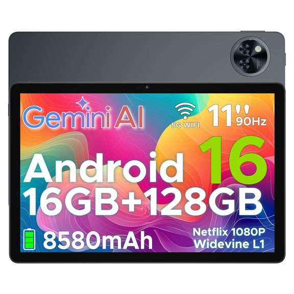 DOOGEE Android 16 AI Tablet with Gemini AI, 11 Inch FHD Display, 16GB RAM+128GB ROM /2TB TF, Octa-Core Processor, 8580mAh Battery, 2.4G+5G WiFi / Widevine L1/Face ID/OTG