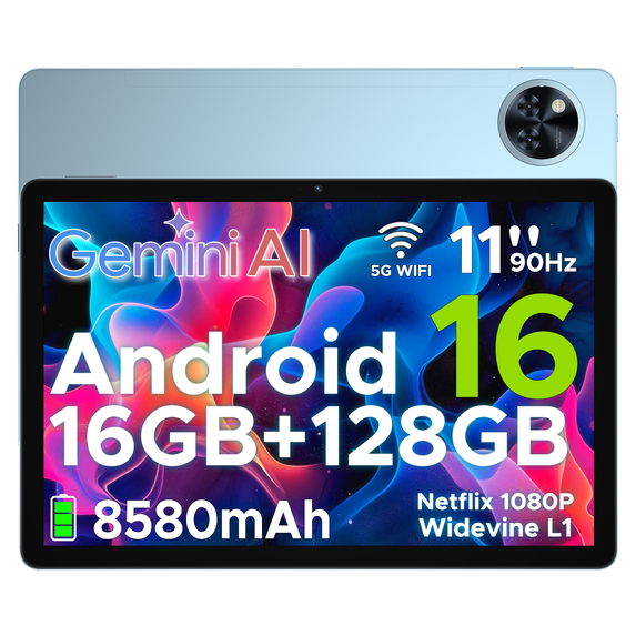 DOOGEE U11 Android 16 Tablet,11 Inch Tablet with Gemini AI,16GB+128GB/2TB,8580mAh Gaming Tablets,Unisoc T7200 Octa-Core,13MP+5MP Tablets,2.4G+5G WiFi / WidevineL1/3.5mm Audio/Face ID/OTG