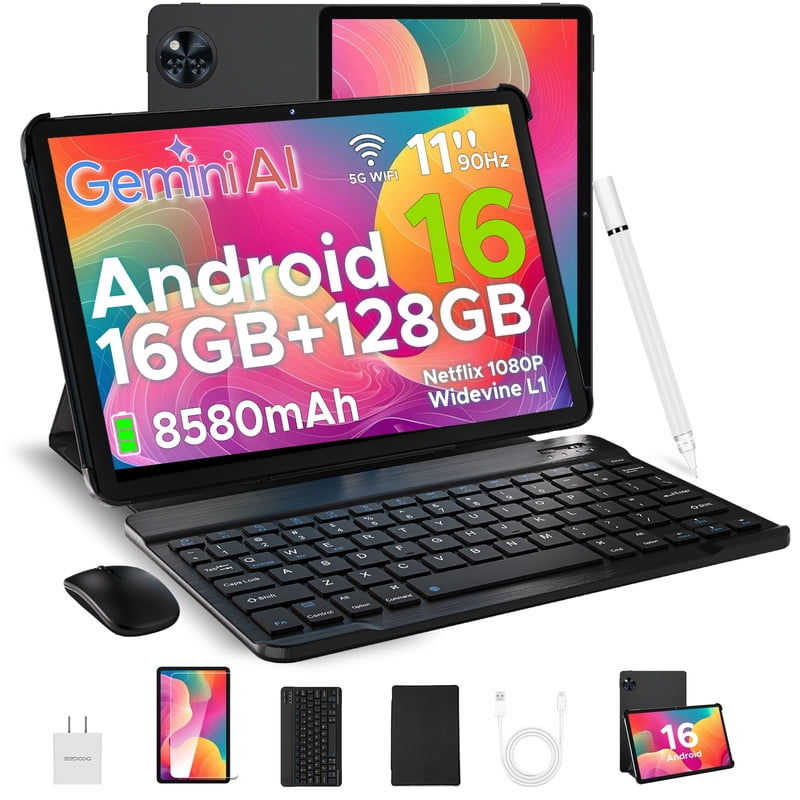 DOOGEE U11 Android 16 Tablet with Keyboard, 11 inch Tablet & Gemini AI, 16GB+128GB/2TB, 8580mAh Android Tablet, Unisoc T7200 Octa-Core Gaming Tablets, 13MP+5MP, Widevine L1/BT5.0+6G WiFi