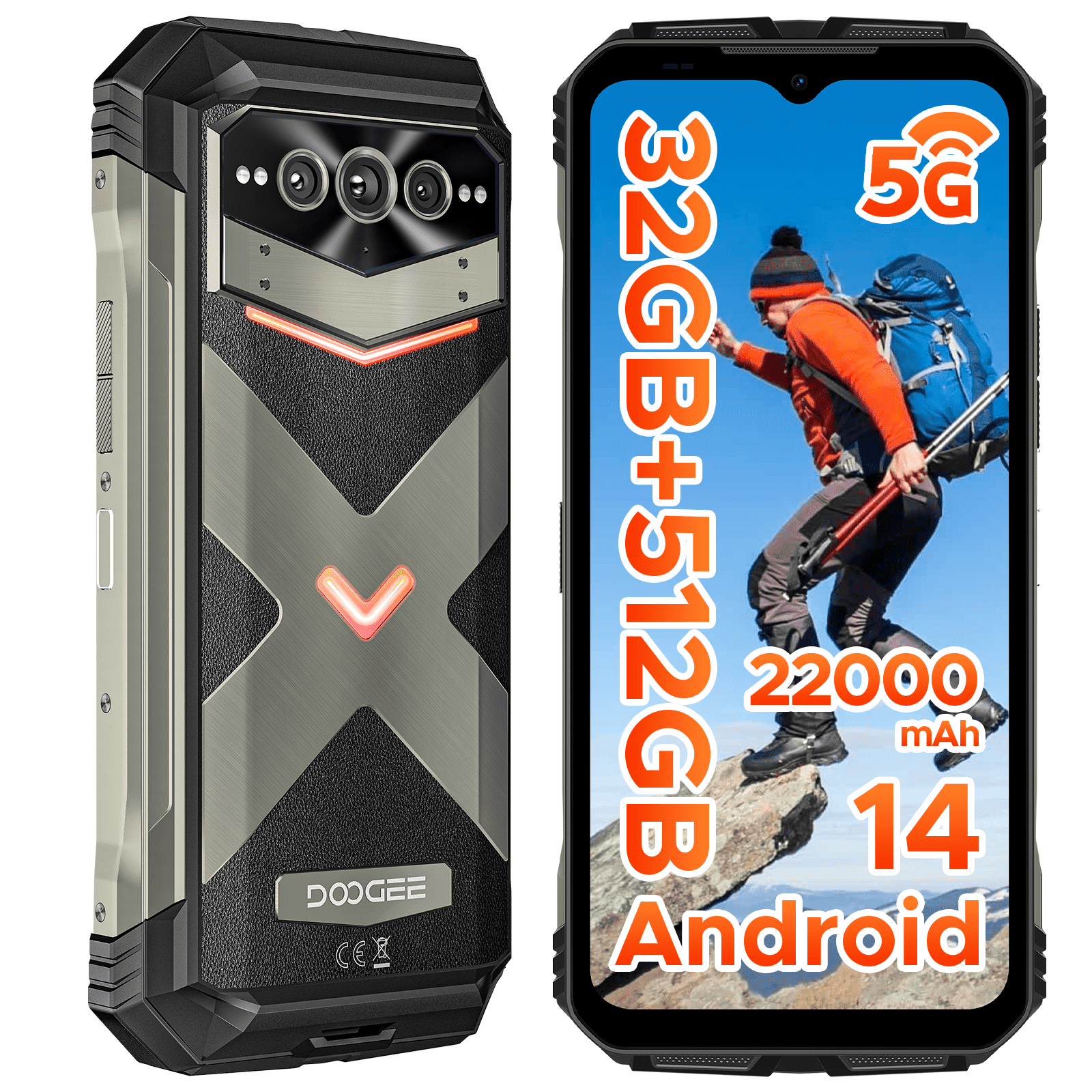 DOOGEE V MAX Pro(2025) 5G Rugged Phone,22000mAh,32GB+512GB/TF 2TB,Android 14 Rugged Smartphone,108MP+20MP Night Vision Phone, 6.58" FHD+ 120Hz IPS Screen, IP68/IP69K Waterproof,NFC/OTG/Face ID