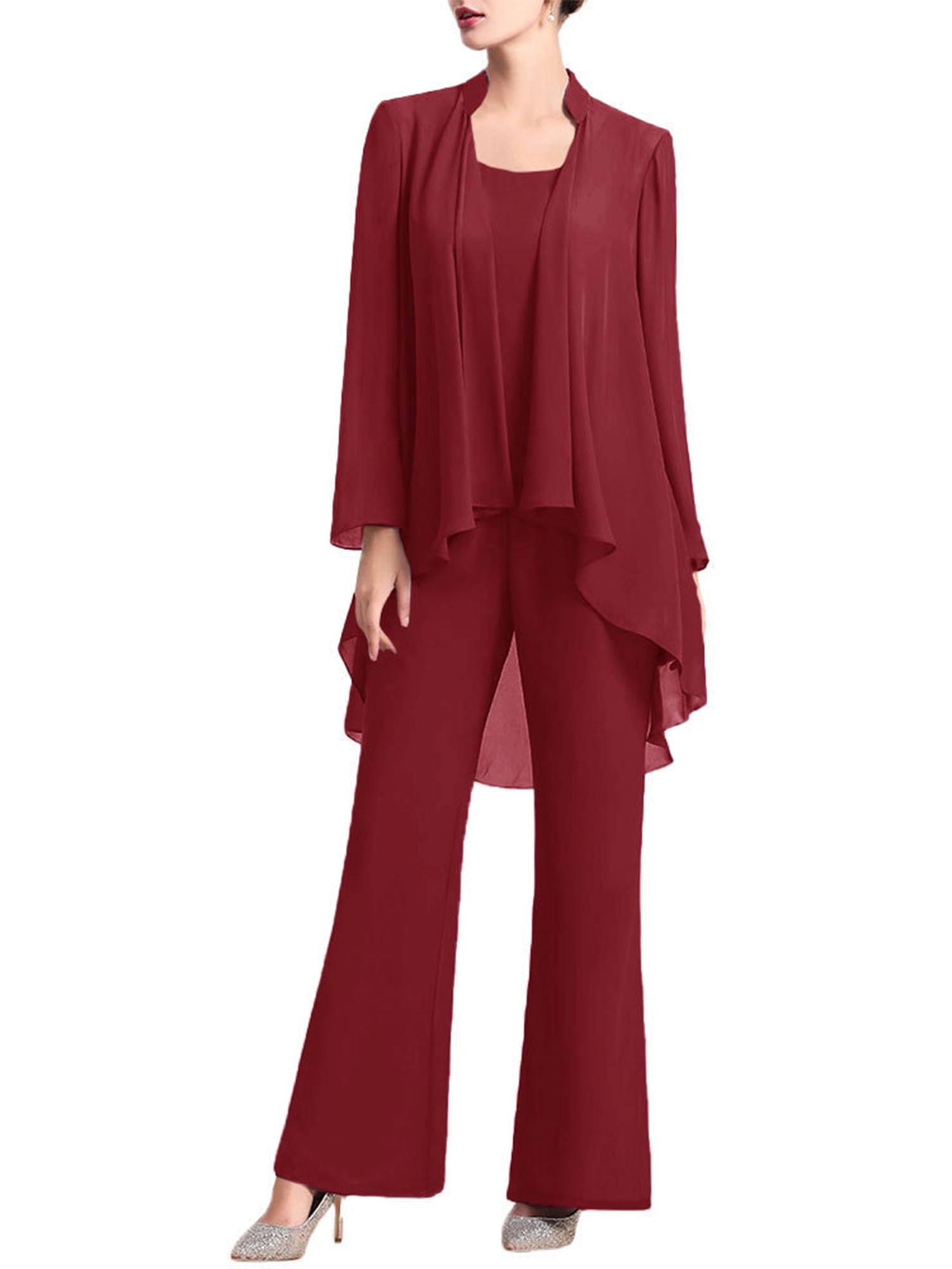 Women's 3-Piece Plus Size Chiffon Mother Of The Bride Outfit - Long Jacket, Pants & Top, Wedding Guest Dress