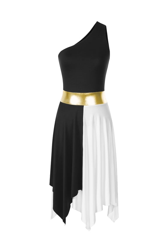 Women's Praise Dance Dress One Shoulder Lyrical Worship Liturgical Party Dance Dress Black M