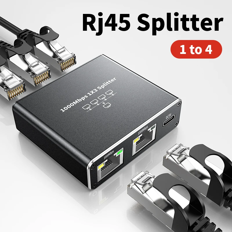 DOONJIEY 1000Mbps Rj45 Ethernet Splitter 1 to 2 3 4 Out Network Switch All Gigabit Ports Internet Adapter with USB Power Cable