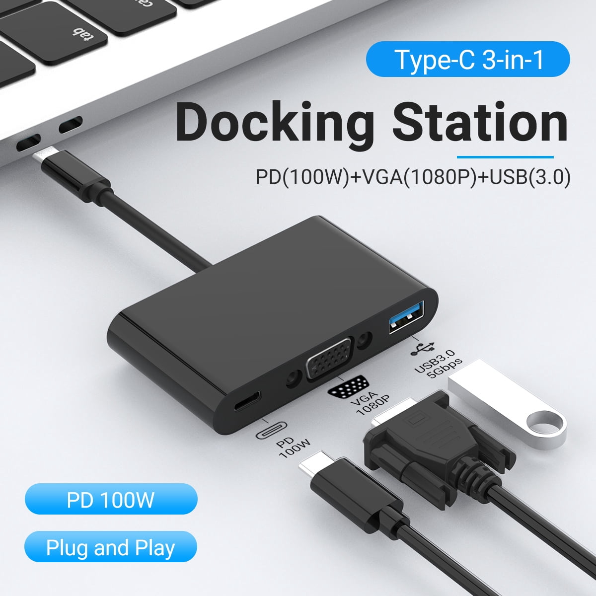 DOONJIEY 3 in 1 USB-C Docking Station Muliti-Port Adapter  Type-C to VGA1080P+PD 100W+USB 3.0(5Gbps) Hub for Samsung Macbook Pro/Air ipad