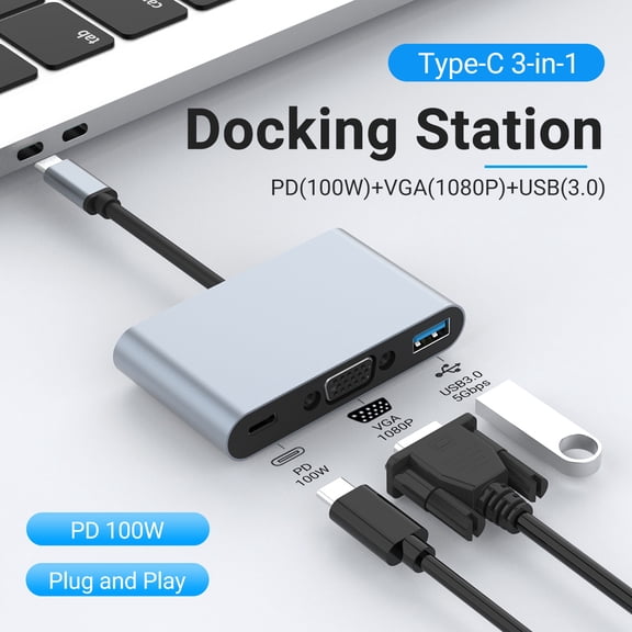 DOONJIEY 3 in 1 USB-C Docking Station Muliti-Port Adapter Type-C to VGA1080P+PD 100W+USB 3.0(5Gbps) Hub for Samsung Macbook Pro/Air ipad