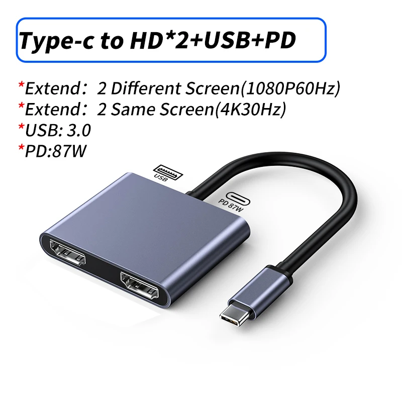 DOONJIEY 4K USB C Hub Type C to Dual HDTV USB 3.0 PD 87W Converter Adapter For Macbook Air Pro M2 M1 Extend 2 Different Screen