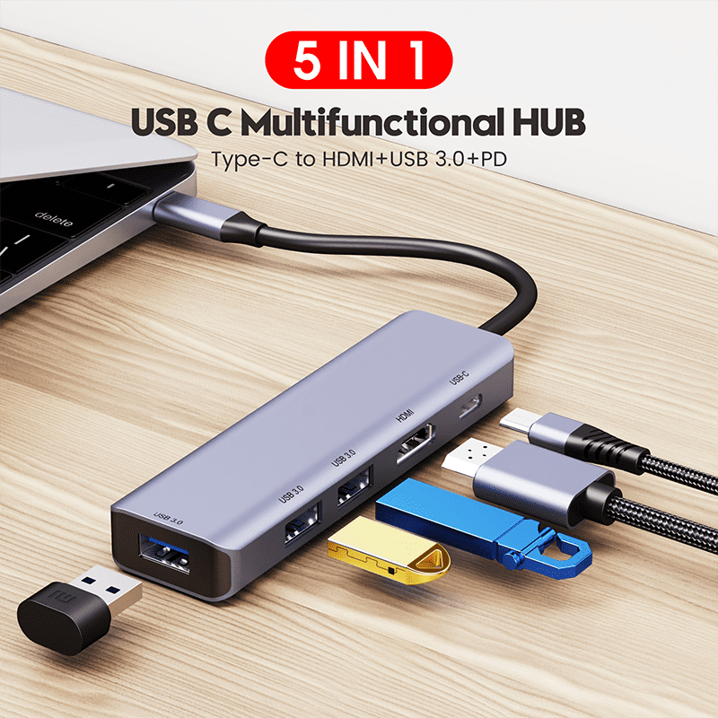 DOONJIEY  5 In 1 Type C Hub USB 3.0 Hub Adapter With 4k 30Hz HDTV 100W PD USB 3.0 Port USB Type C Hub For Laptop