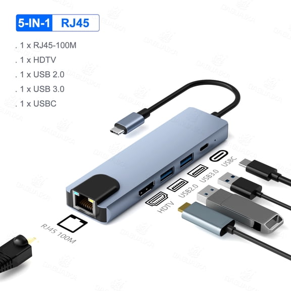 DOONJIEY  5 in 1 USB C HUB 100M RJ45 Ethernet Adapter 4K Type C 3.1 to USB 3.0 USB2.0 PD 100W for MacBook Huawei Sumsang