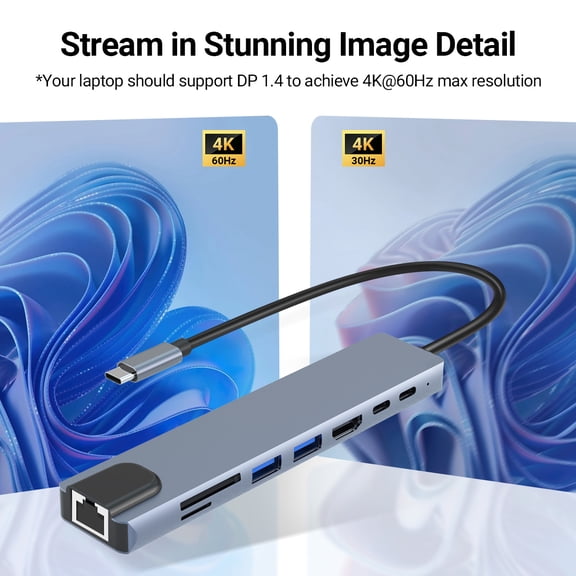 DOONJIEY 8 in-1 USB C Docking Station with 4K HDTV, 100W PD, USB 3.0/2.0, RJ45 100M, SD/TF Card Reader Type-c Hub for Imac Surface ipad