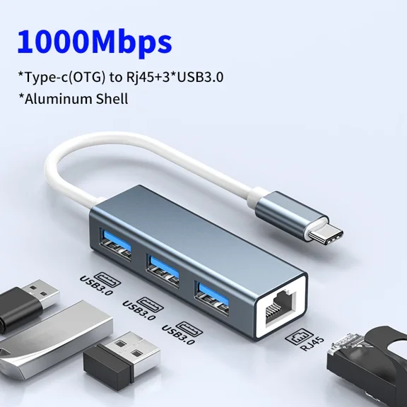 DOONJIEY USB C to RJ45 Lan Adapter 1000Mbps Network Card USB 3.0 Hub for TV Box PC Laptop Phone Connect Ethernet
