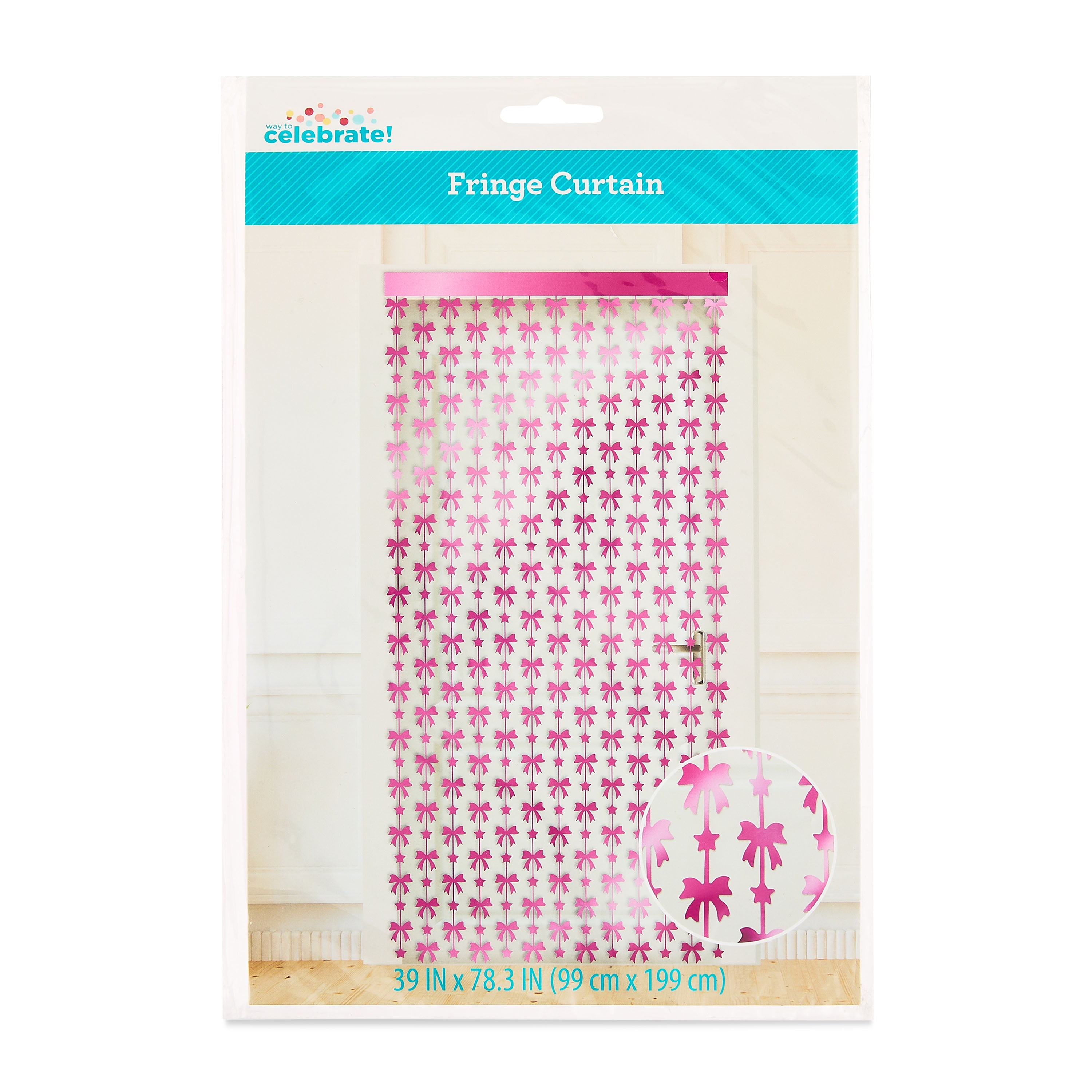 Pink Bows and Stars Foil Fringe Curtain, 39" x 78.3", by Way To Celebrate
