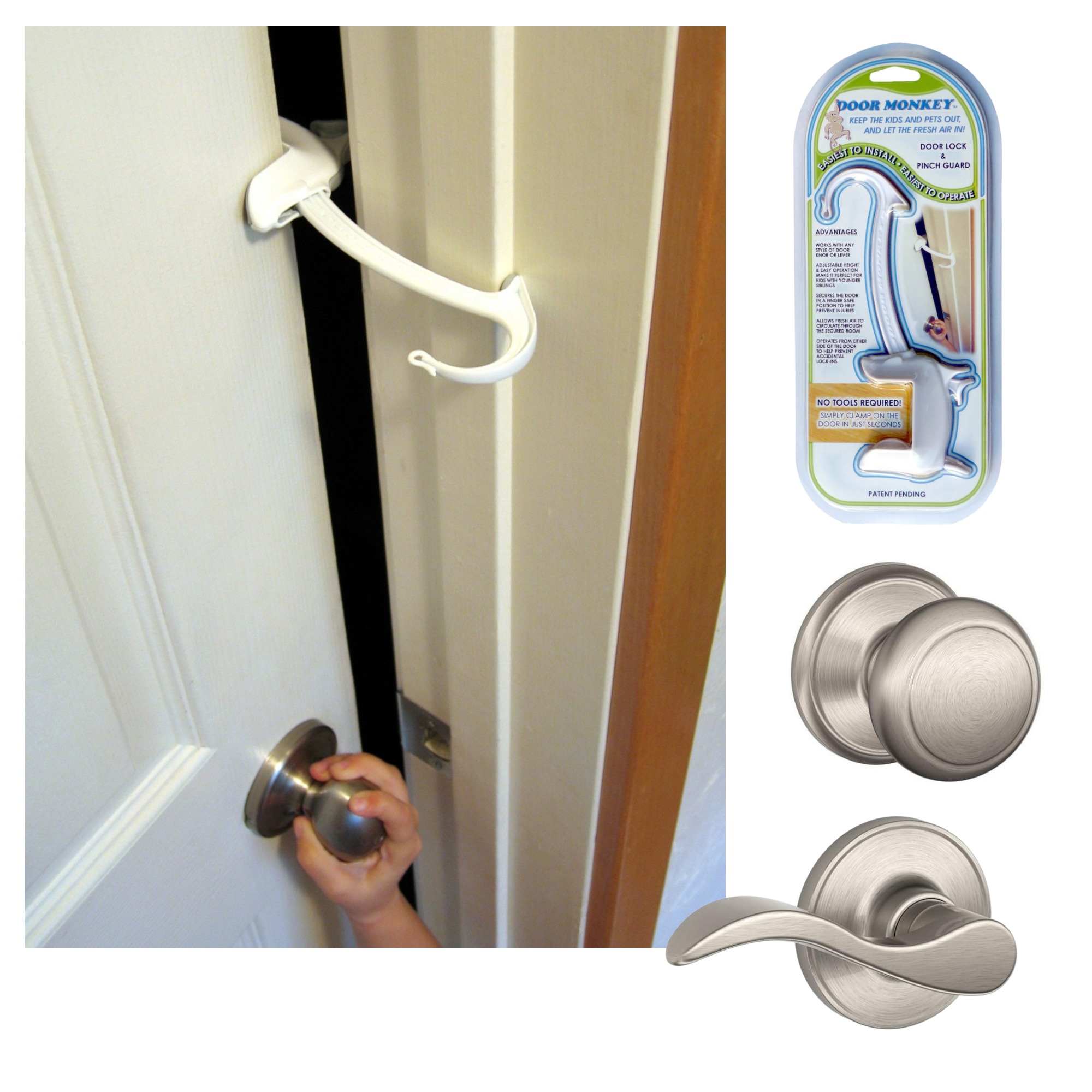 DOOR MONKEY Child Proof Door Lock & Pinch Guard - For Door Knobs & Lever Handles- Easy to Install-No Tools or Tape Required - Baby Safety Door Lock For Kids - Very Portable-Great for Dogs & Cats,White - image 1 of 8