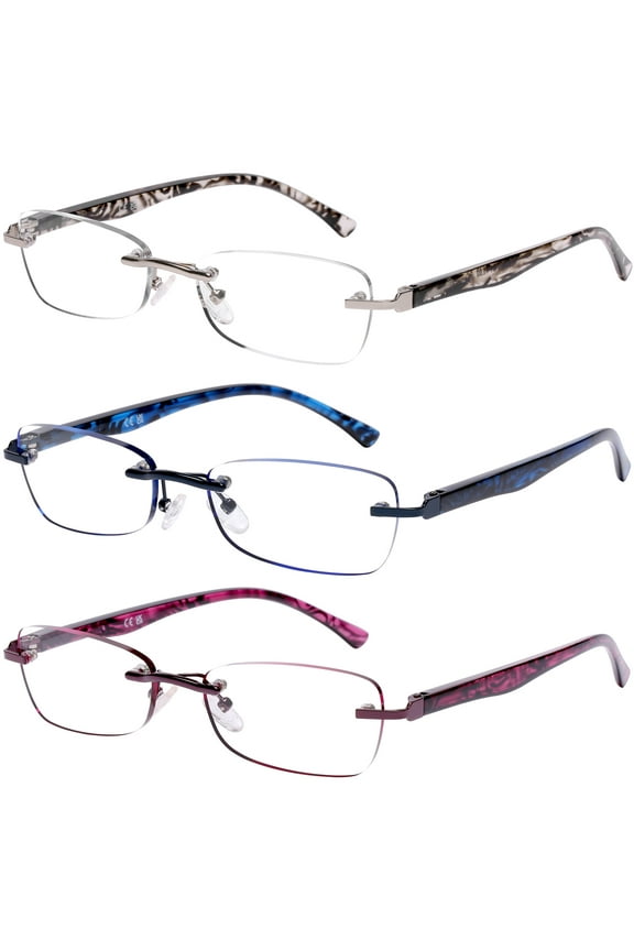 3 Pack Rimless Reading Glasses for Women 1.00 Lightweight Elegant Blue Light Blocking Readers, Tinted Edge/Spring Hinge