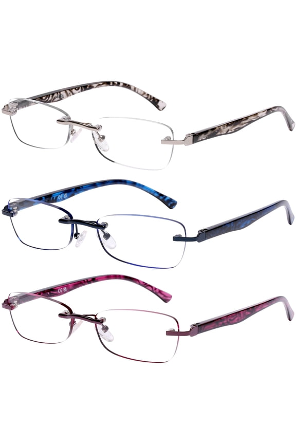 3 Pack Rimless Reading Glasses for Women 1.25 Lightweight Elegant Blue Light Blocking Readers, Tinted Edge/Spring Hinge