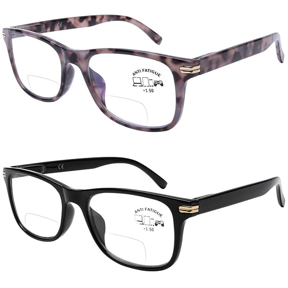 DOOViC Bifocal Reading Glasses 2.00 2 Pack Black/Tortoise Spring Hinge Quality Blue Light Blocking Readers for Women Men