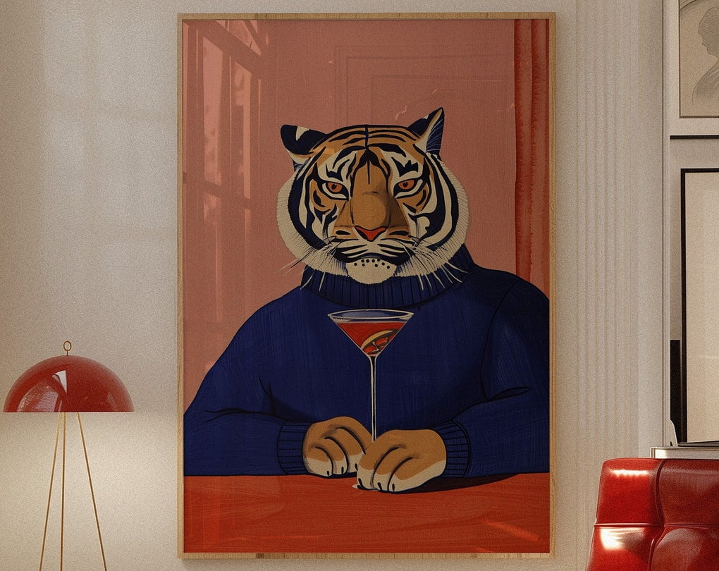 DOPAPRINT Bar Cart Decor, Tiger Print, Martiniposter, Retro Kitchen