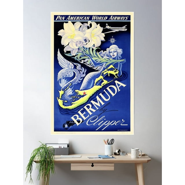 DOPAPRINT Bermuda By Clipper Plane Mermaid Pan American Airways Vintage