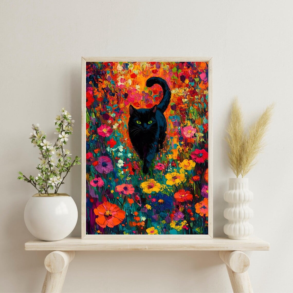 DOPAPRINT Black Cat Wall Art Print - Vibrant Floral Oil Painting Style ...