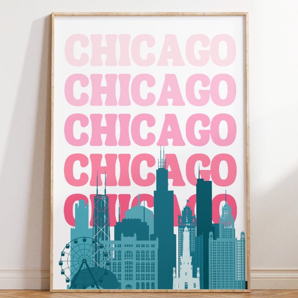 DOPAPRINT Chicago City Travel Print, Pink Blue Chicago Travel Print, Preppy Wall Print ...