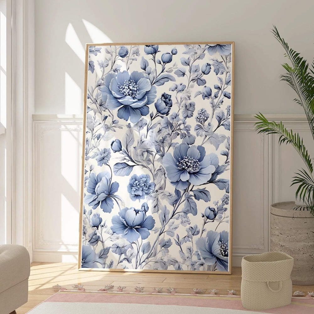 DOPAPRINT Chinoiserie Wall Art Blue Vintage Floral Print Blue Poster Navy Blue Wall Art Dark ...