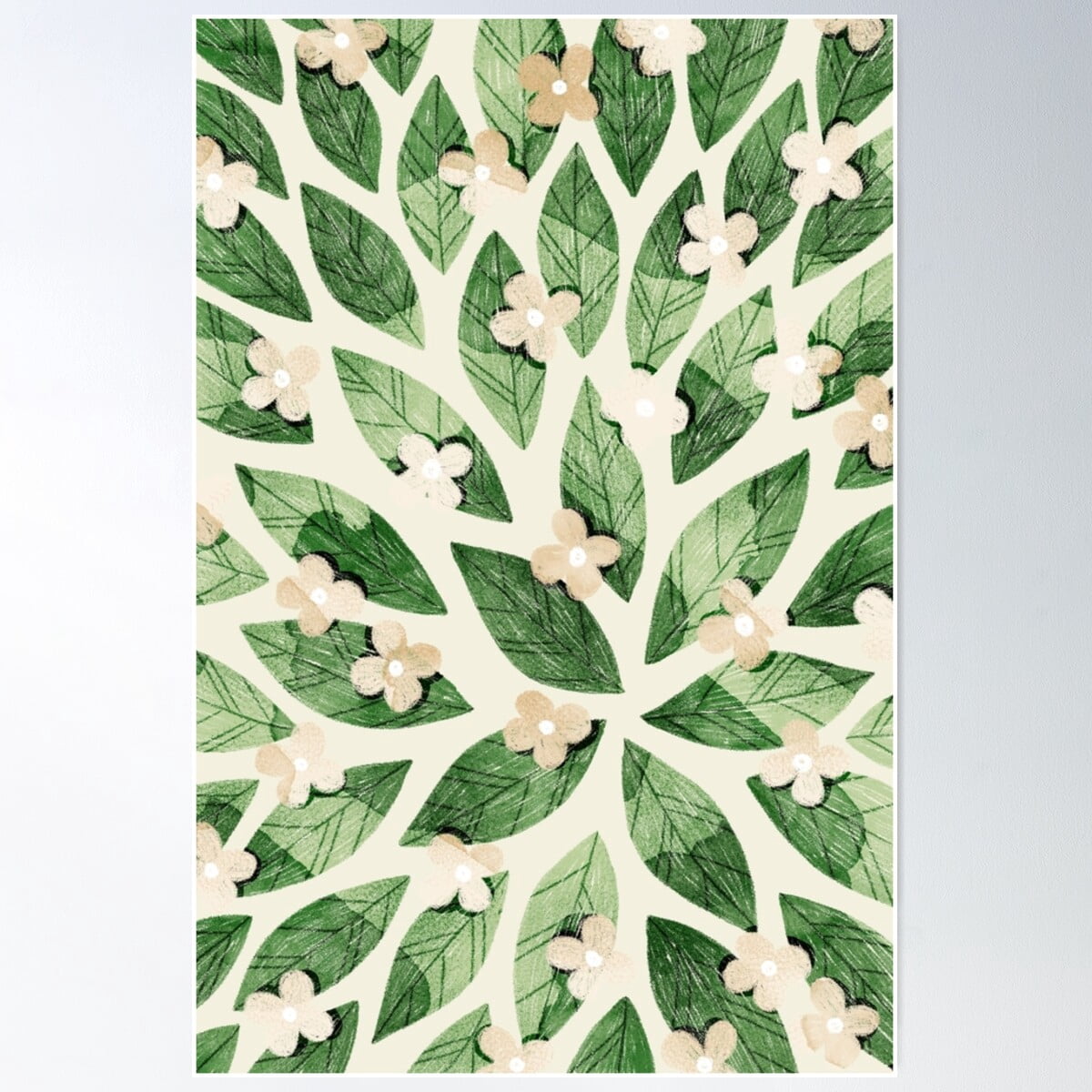 Gallery Detail: Dopaprint Cute Pale Beige Flowers And Bold Green Bay Leaves