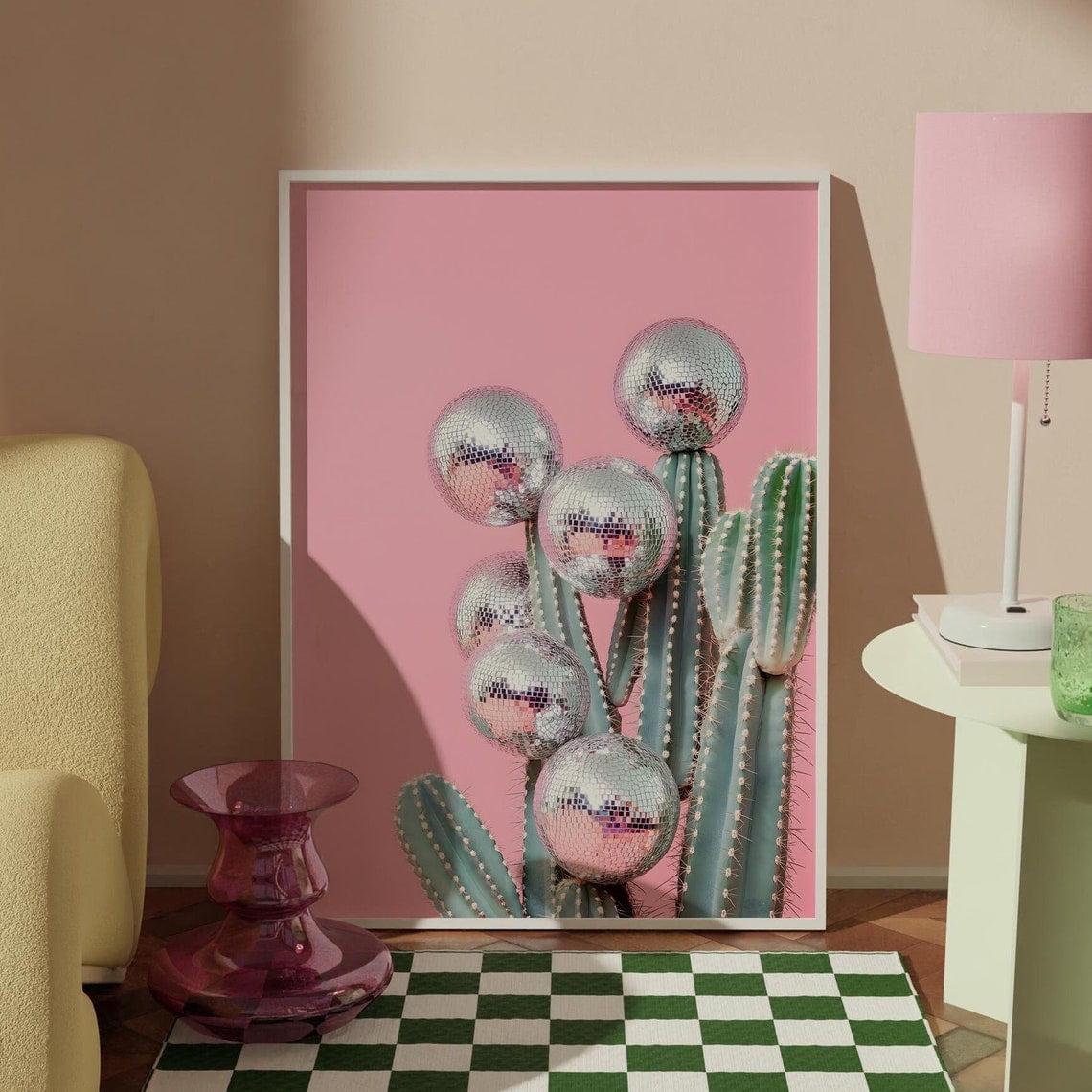 DOPAPRINT Disco Ball Cactus Wall Art, Disco Ball Print, Pink Cactus ...