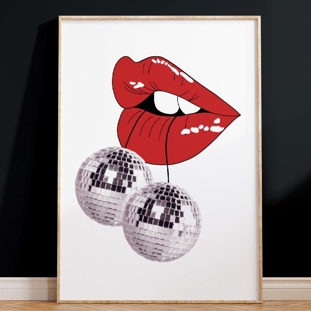 DOPAPRINT Disco Ball Print, Trendy Lips Wall Art, Disco Preppy Cherry Print, Bar Cart Art, Retro ...