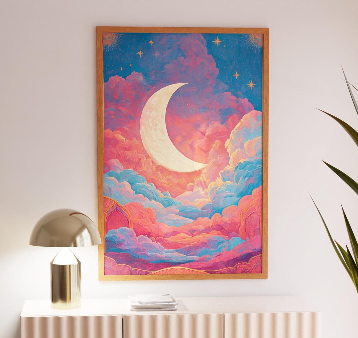 DOPAPRINT Dreamy Crescent Moon Wall Art Print, Pink And Blue Clouds ...