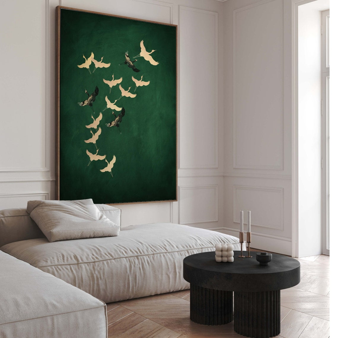 DOPAPRINT Emerald Green Cranes Wall Art, Large Framed Art Print, Dark
