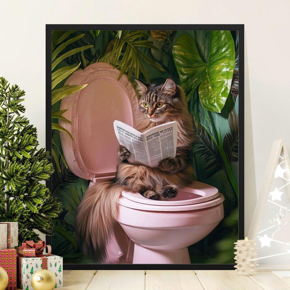 DOPAPRINT Funny Cat Reading Newspaper On Toilet, Wall Art Print, Quirky ...