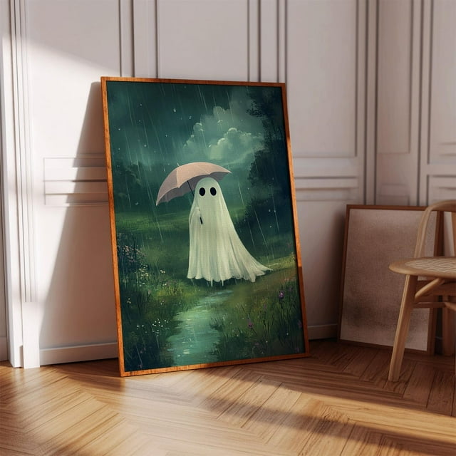 DOPAPRINT Ghost In The Rain With Umbrella Art Print Whimsical Spooky