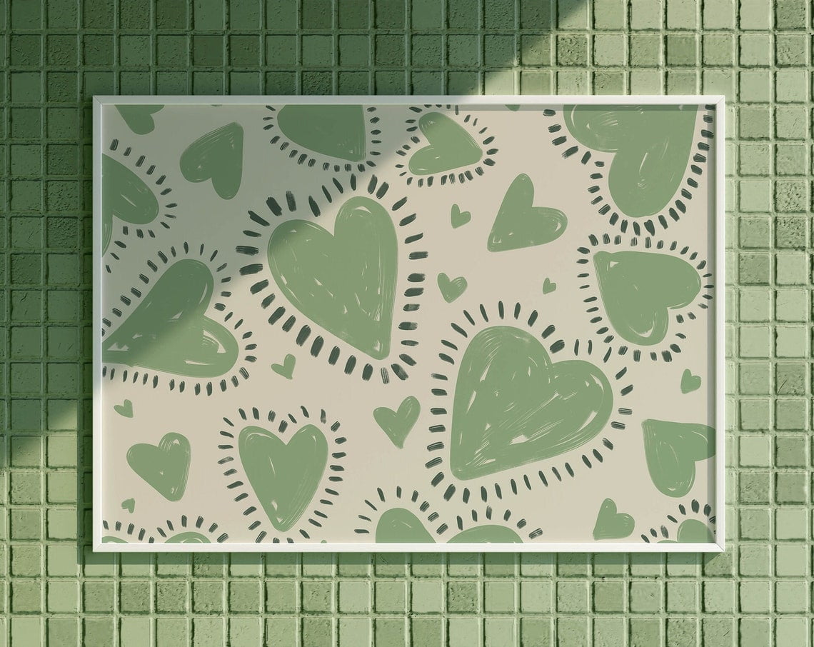 DOPAPRINT Heart Painting Sage Green Wall Art Preppy Room Decor For