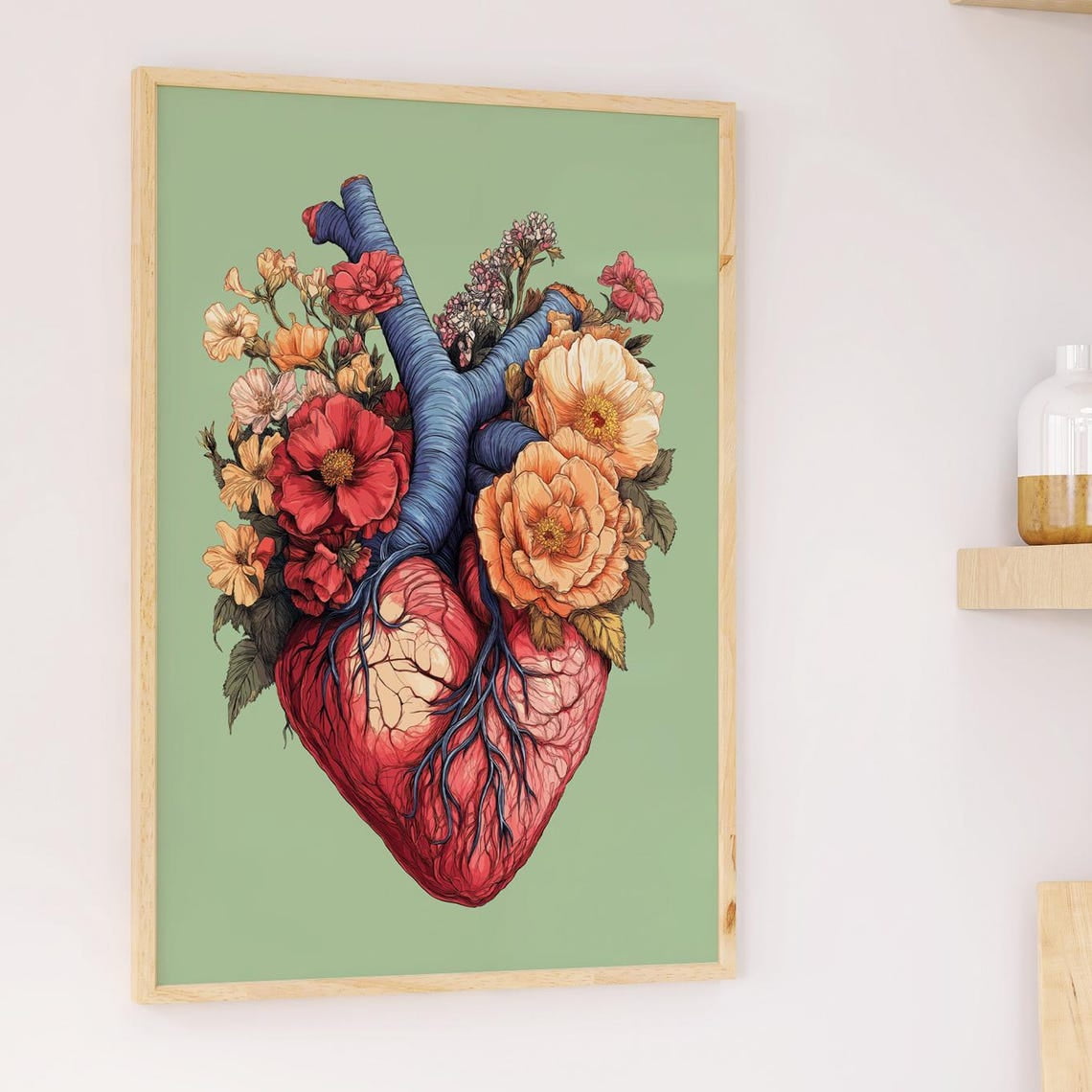 DOPAPRINT Heart Wall Mural With Flowers Vintage Anatomy Art Medicine