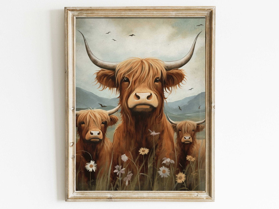 Gallery Detail: Dopaprint Highland Cow Wall Art Country Style Cow Painting Farmhouse