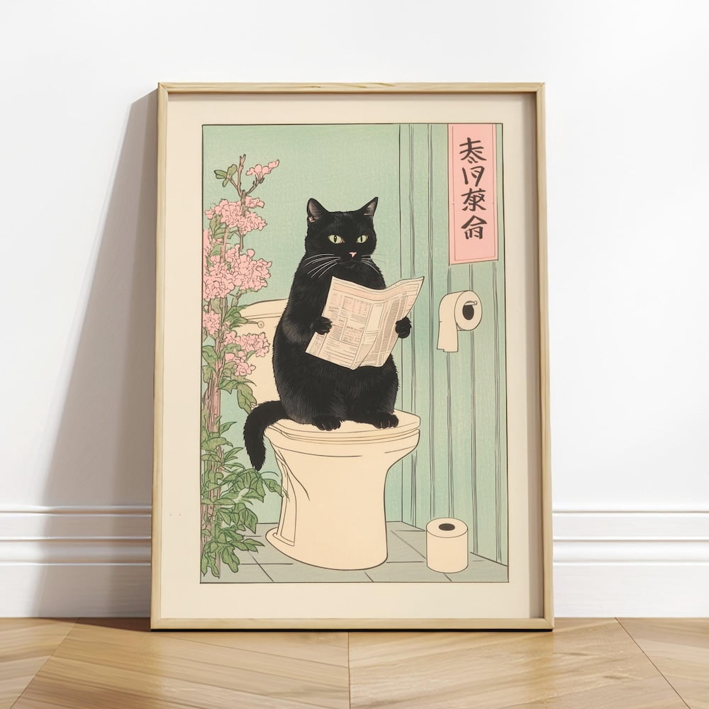 DOPAPRINT Japanese Black Cat On A Toilet, Funny Bathroom Print, Toilet ...