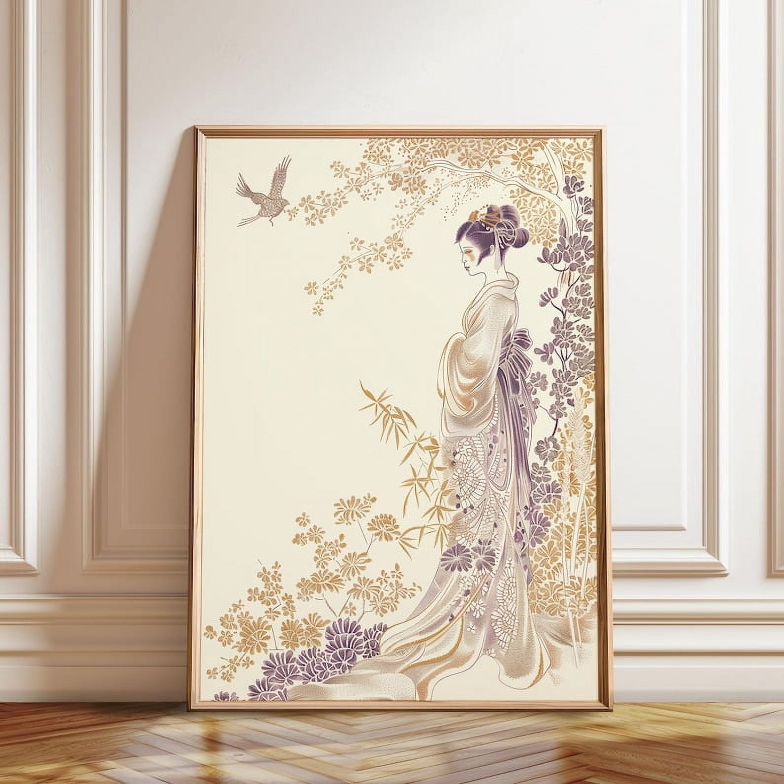 DOPAPRINT Japanese Geisha Poster - Minimalist Floral Art With Soft Gold ...