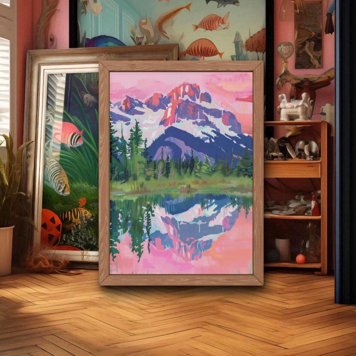 DOPAPRINT Mountain Sunset Reflection Art, Boho Landscape, Vibrant Landscape Print, Nature Wall ...