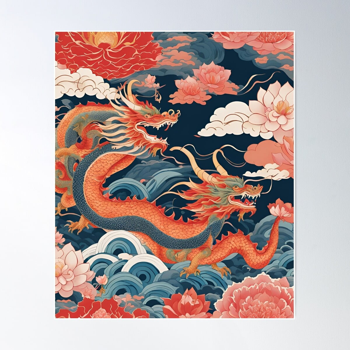 DOPAPRINT Mystic Japanese Dragon With Lotus And Waves Poster Wall Art ...