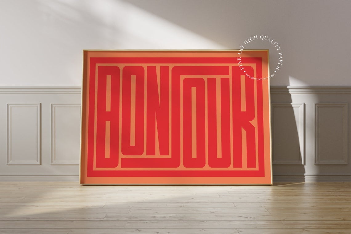 DOPAPRINT Orange Bonjour Typography Print Mid Century Modern Wall Art DOPAPRINT Orange Bonjour Typography Print Mid Century Modern Wall Art
