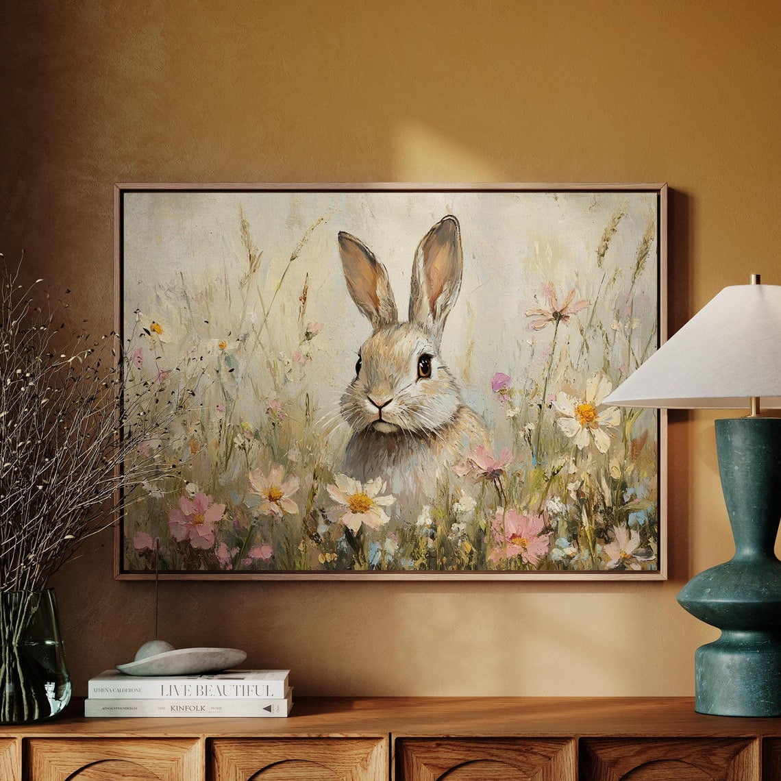 DOPAPRINT Rabbit In Wildflowers Wall Art Cute Animal Floral Print For ...