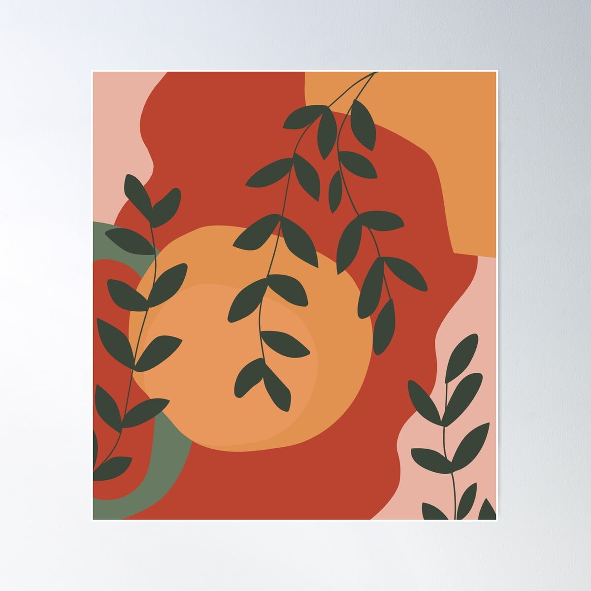 DOPAPRINT Red Orange Green Pink Shapes With Green Plants Poster Wall