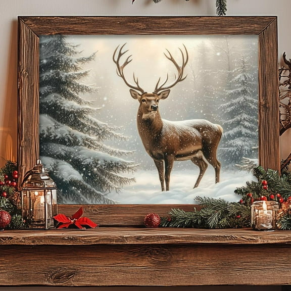 DOPAPRINT Snowy Forest Wall Art, Deer Painting Print, Decor, Rustic Nature Cottagecore Metal Print, Farmhouse Holiday Art, Reindeer Wall Art, Modern Wall Decor NO FRAMED POSTER, Wall Art