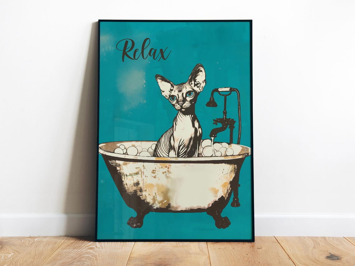 DOPAPRINT Teal Bathroom Art Sphynx Cat In Tub Print Shower Room Poster ...