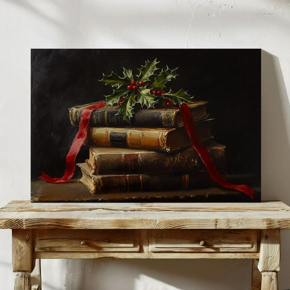 DOPAPRINT Vintage Books Wall Art, Holly And Ribbon Still Life Print, Antique Book Stack Holiday Decor, Festive Library Painting Wall Art, Modern Wall Decor NO FRAMED POSTER, Wall Art