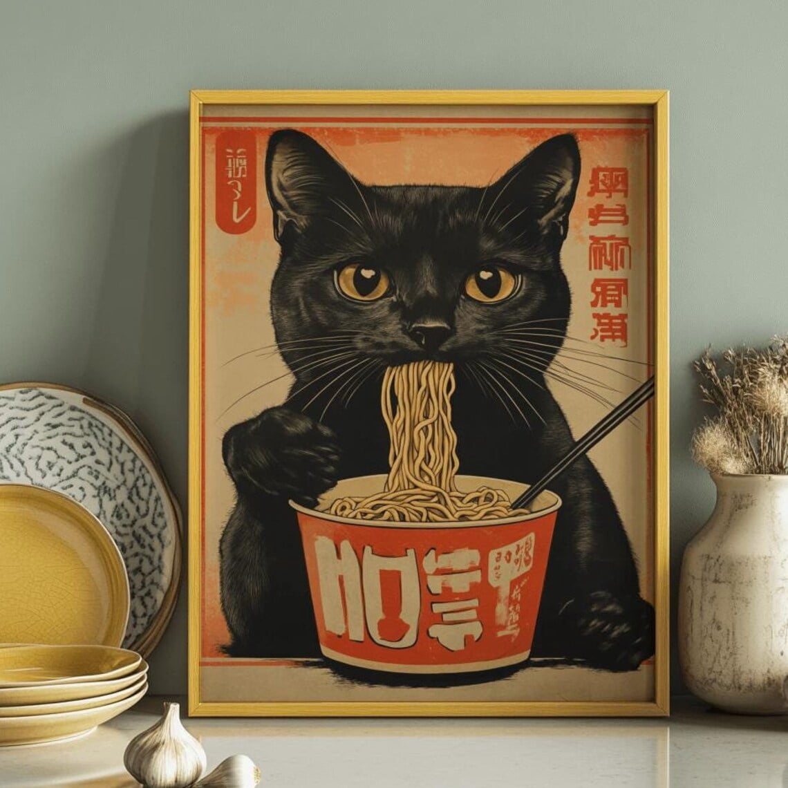 DOPAPRINT Vintage Cat Eating Ramen Wall Art Retro Japanese Poster Print ...
