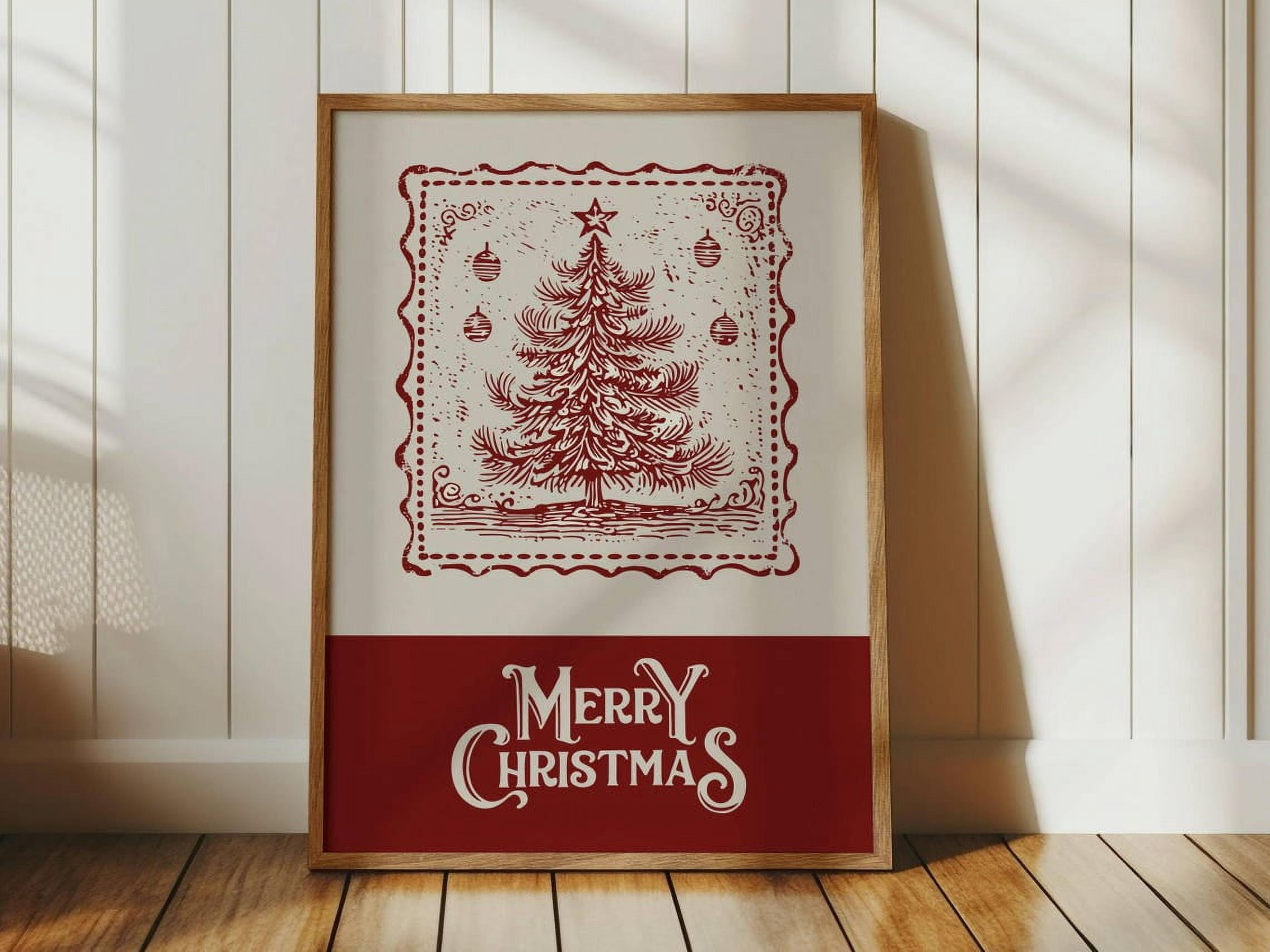 DOPAPRINT Vintage Tree Print, Merry Wall Art, Antique Stamp Poster, Cottage Core Holiday Decor ...