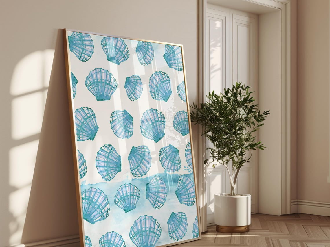 DOPAPRINT Watercolor Seashell Pattern Art - Coastal Shell Decor For ...